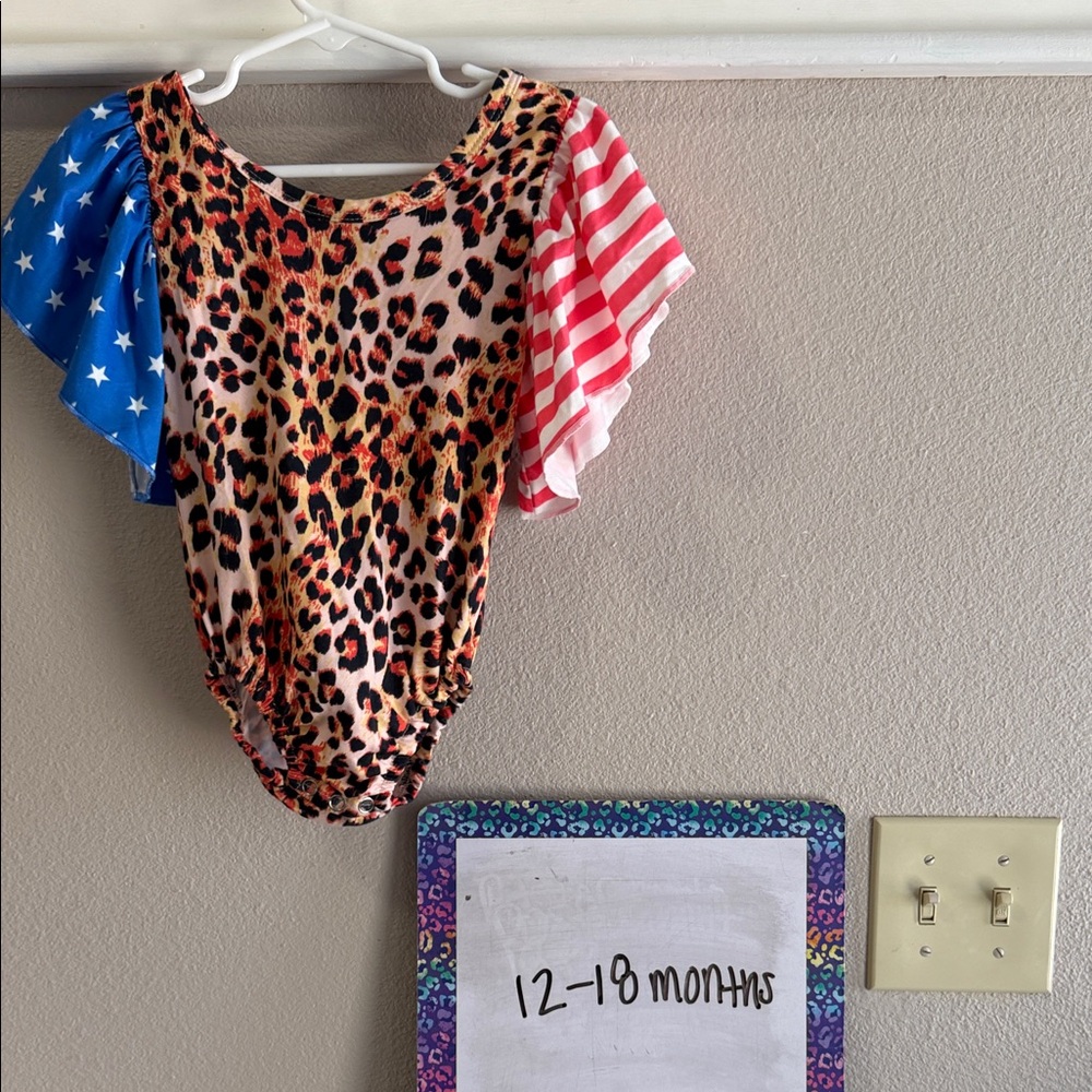 Leopard Print Baby Romper with American Flag Sleeves